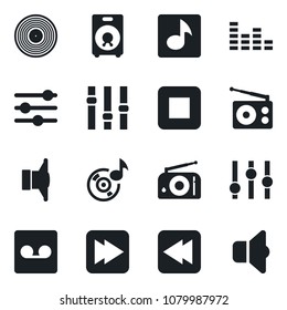 Set of vector isolated black icon - vinyl vector, radio, speaker, settings, equalizer, stop button, fast forward, rewind, tuning, record, music, sound