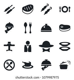 Set of vector isolated black icon - spoon and fork vector, waiter, dish, restaurant table, cafe, plates, dress code, chicken, steak, kebab, steaming pan
