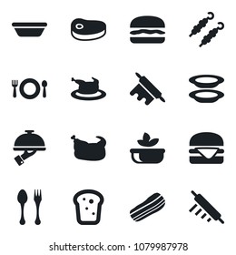 Set of vector isolated black icon - spoon and fork vector, cafe, salad, plates, bacon, waiter, bread, chicken, steak, kebab, hamburger, bowl, rolling pin