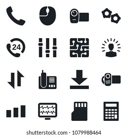 Set of vector isolated black icon - gear vector, mouse, monitor pulse, 24 hours, sorting, settings, video camera, radio phone, call, sd, data exchange, download, chip, shining head, calculator