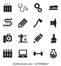 Set of vector isolated black icon - pencil vector, axe, drip irrigation, stethoscope, barbell, camera, speaker, laptop pc, themes, stapler, heater, crane, radiator, gear, flask