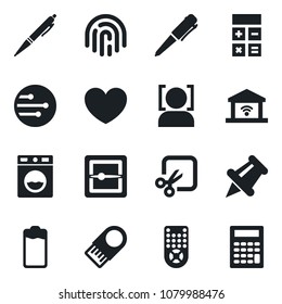 Set of vector isolated black icon - calculator vector, pen, heart, remote control, paper pin, battery, scanner, network, cut, face id, fingerprint, washer, garage gate, usb flash