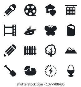 Set of vector isolated black icon - flight table vector, job, pencil, fence, tree, butterfly, film frame, reel, battery, charge, pond, mountains, sweet home, salad, egg stand