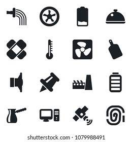 Set of vector isolated black icon - watering vector, patch, satellite, speaker, paper pin, battery, low, factory, dish, cutting board, turkish coffee, fan, pc, thermometer, fingerprint