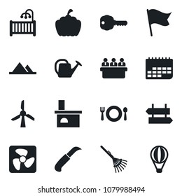 Set of vector isolated black icon - signpost vector, meeting, rake, watering can, garden knife, pumpkin, fireplace, term, mountains, key, children room, cafe, fan, windmill, flag, air balloon