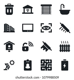 Set of vector isolated black icon - bird house vector, tv, office building, bathroom, heater, rolling pin, chip, wireless lock, jalousie, garage gate control, eye scan, trash bin, sun panel, battery