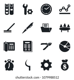 Set of vector isolated black icon - alarm clock vector, meeting, rake, pruner, sickle, settings, root setup, pie graph, document folder, office phone, point, contract, book, pen, money bag