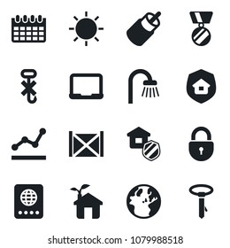 Set of vector isolated black icon - passport vector, lock, medal, notebook pc, calendar, sun, container, no hook, rca, point graph, bathroom, estate insurance, eco house, earth, tie