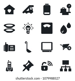Set of vector isolated black icon - ladder car vector, luggage scales, wheelbarrow, office phone, tv, low battery, drawing pin, sweet home, plates, ladle, wireless lock, water, idea, hierarchy