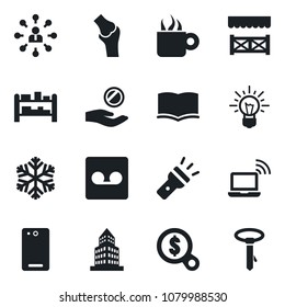 Set of vector isolated black icon - wireless notebook vector, hierarchy, book, joint, rack, phone back, record, torch, office building, coffee, alcove, snowflake, money search, investment, idea, tie