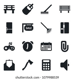 Set of vector isolated black icon - rake vector, axe, bench, term, gamepad, mail, rca, alarm, paper clip, calculator, sale, fridge, sound