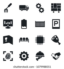 Set of vector isolated black icon - parking vector, waiting area, gear, statistic monitor, garden fork, cargo container, car delivery, consolidated, low battery, wine card, waiter, ham, chip
