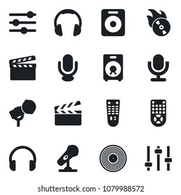 Set of vector isolated black icon - clapboard vector, vinyl, flame disk, microphone, remote control, headphones, speaker, tuning