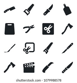 Set of vector isolated black icon - pruner vector, saw, garden knife, axe, scalpel, clapboard, cut, cutting board