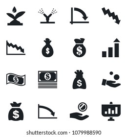 Set of vector isolated black icon - growth statistic vector, money bag, crisis graph, irrigation, investment, cash, presentation
