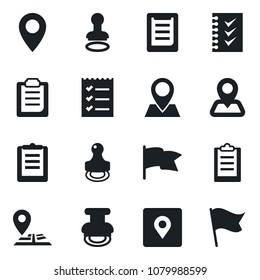 Set of vector isolated black icon - stamp vector, navigation, pin, clipboard, place tag, checklist, flag