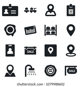 Set of vector isolated black icon - identity vector, shower, baggage larry, luggage storage, stamp, navigation, pin, barcode, place tag, card, sale