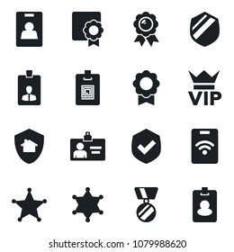 Set of vector isolated black icon - vip vector, identity card, medal, shield, sertificate, home protect, police, pass