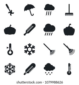 Set of vector isolated black icon - umbrella vector, storm cloud, rake, rain, pumpkin, ripper, thermometer, snowflake