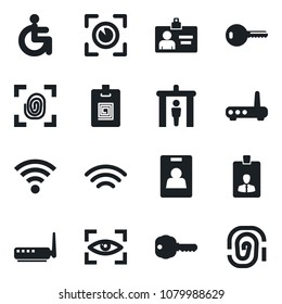 Set of vector isolated black icon - security gate vector, identity card, disabled, wireless, key, fingerprint, router, eye scan