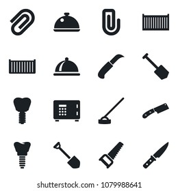 Set of vector isolated black icon - safe vector, job, saw, hoe, garden knife, implant, cargo container, paper clip, dish