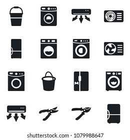 Set of vector isolated black icon - washer vector, bucket, pruner, air conditioner, fridge