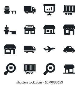 Set of vector isolated black icon - shop vector, store, plane, truck trailer, car delivery, sea port, search cargo, presentation, storefront