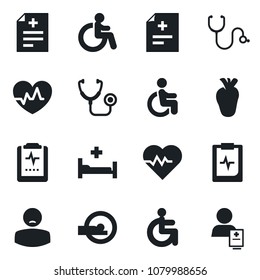 Set of vector isolated black icon - disabled vector, heart pulse, diagnosis, stethoscope, tomography, hospital bed, real, clipboard, patient