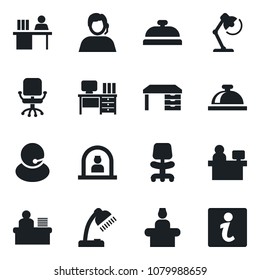 Set of vector isolated black icon - reception bell vector, office chair, desk, manager place, support, lamp, information