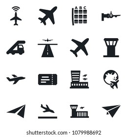 Set of vector isolated black icon - plane vector, airport tower, runway, radar, arrival, ticket, ladder car, boarding, seat map, globe, building, paper