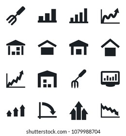Set of vector isolated black icon - crisis graph vector, garden fork, warehouse storage, monitor statistics, bar, arrow up, growth