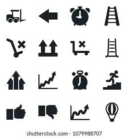 Set of vector isolated black icon - alarm clock vector, left arrow, fork loader, ladder, up side sign, no trolley, finger, down, career, graph, growth, air balloon