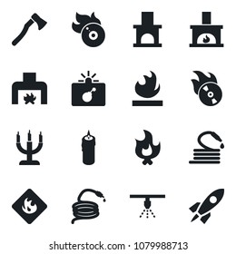 Set of vector isolated black icon - bomb in case vector, fire, hose, axe, fireplace, flammable, flame disk, candle, sprinkler, rocket