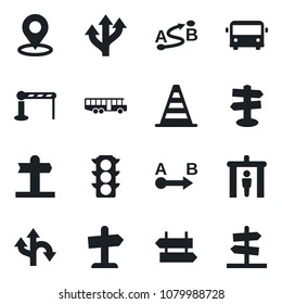 Set of vector isolated black icon - airport bus vector, barrier, security gate, signpost, border cone, route, traffic light, place tag, guidepost