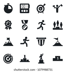 Set of vector isolated black icon - dispatcher vector, pedestal, pennant, medal, run, stopwatch, target, motivation