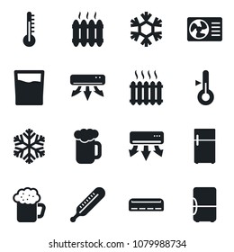 Set of vector isolated black icon - thermometer vector, heater, air conditioner, drink, beer, snowflake, fridge