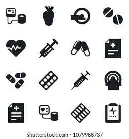 Set of vector isolated black icon - heart pulse vector, diagnosis, syringe, blood pressure, pills, blister, tomography, real, clipboard