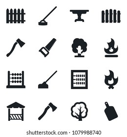 Set of vector isolated black icon - fence vector, tree, saw, fire, hoe, axe, abacus, table, alcove, cutting board