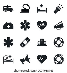 Set of vector isolated black icon - hose vector, heart pulse, doctor case, patch, ambulance star, car, hospital bed, loudspeaker, torch, crisis management