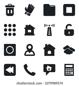 Set of vector isolated black icon - antenna vector, clouds, glove, house, navigation, stop button, rewind, call, menu, record, folder, lock, trash bin, home message, calculator