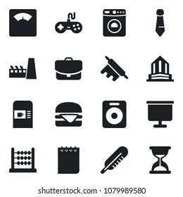 Set of vector isolated black icon - coffee machine vector, washer, notepad, tie, thermometer, scales, gamepad, speaker, presentation board, abacus, factory, hamburger, rolling pin, case, sand clock