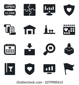 Set of vector isolated black icon - contract vector, statistic monitor, heart shield, medical calendar, warehouse, package, search cargo, application, alcohol, wine card, open close, flag