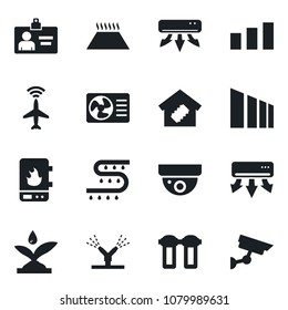 Set of vector isolated black icon - plane radar vector, identity card, drip irrigation, sorting, air conditioner, smart home, water heater, filter, warm floor, surveillance