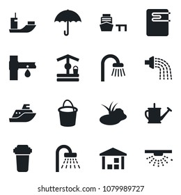 Set of vector isolated black icon - shower vector, watering can, bucket, well, pond, drip irrigation, sea shipping, port, umbrella, warehouse, bathroom, water heater, filter, sprinkler