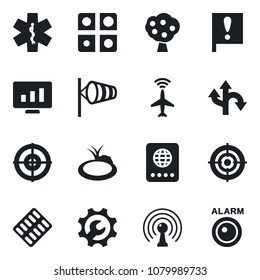 Set of vector isolated black icon - plane radar vector, passport, wind, statistic monitor, pond, pills blister, ambulance star, route, important flag, antenna, application, root setup, target