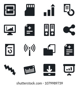 Set of vector isolated black icon - antenna vector, growth statistic, office binder, crisis graph, document reload, diagnosis, folder, barcode, scanner, sd, download, monitor statistics