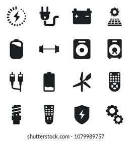Set of vector isolated black icon - barbell vector, remote control, speaker, low battery, rca, protect, charge, sun panel, power plug, energy saving bulb, windmill, gear