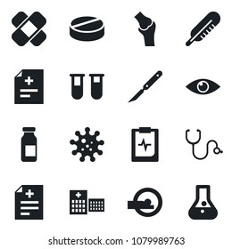 Set of vector isolated black icon - diagnosis vector, stethoscope, blood test vial, thermometer, pills, ampoule, scalpel, patch, tomography, eye, joint, pulse clipboard, hospital, virus, flask
