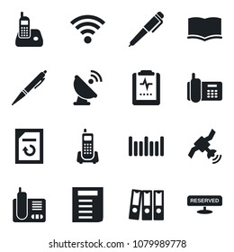 Set of vector isolated black icon - book vector, document, reload, pulse clipboard, office phone, barcode, satellite antenna, radio, wireless, paper binder, pen, reserved