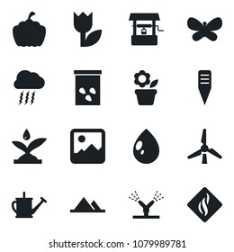 Set of vector isolated black icon - storm cloud vector, flower in pot, watering can, butterfly, water drop, well, plant label, pumpkin, seeds, tulip, gallery, windmill, mountains, irrigation